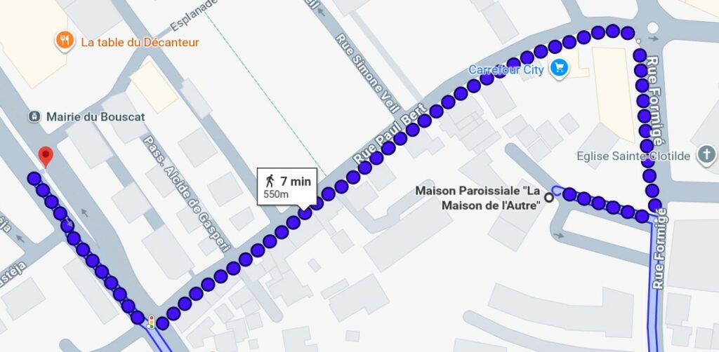 Capture d'écran du cheminement entre l'arrêt de tram Mairie du Bouscat et la Maison de l'Autre