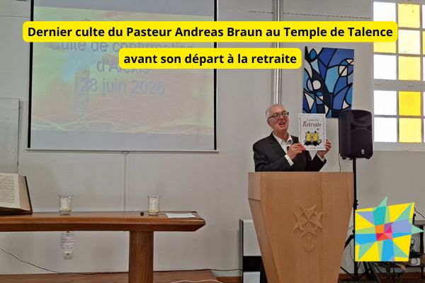 Visuel d'illustration de la section montrant le pasteur Andreas Braun qui montre un livre trouvé la veille dans un dépôt de livres avec le titre RETRAITE